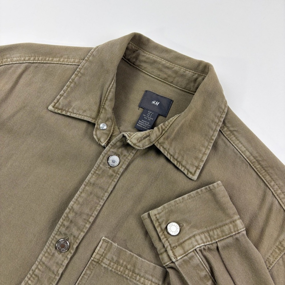 H&M Denim Shirt Jacket Mens S Brown Olive Cotton Button Down Workwear Shacket